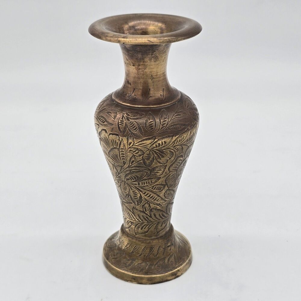 Vintage Brass Bud Vase Intricate Hand Etched Floral Engravings 7"